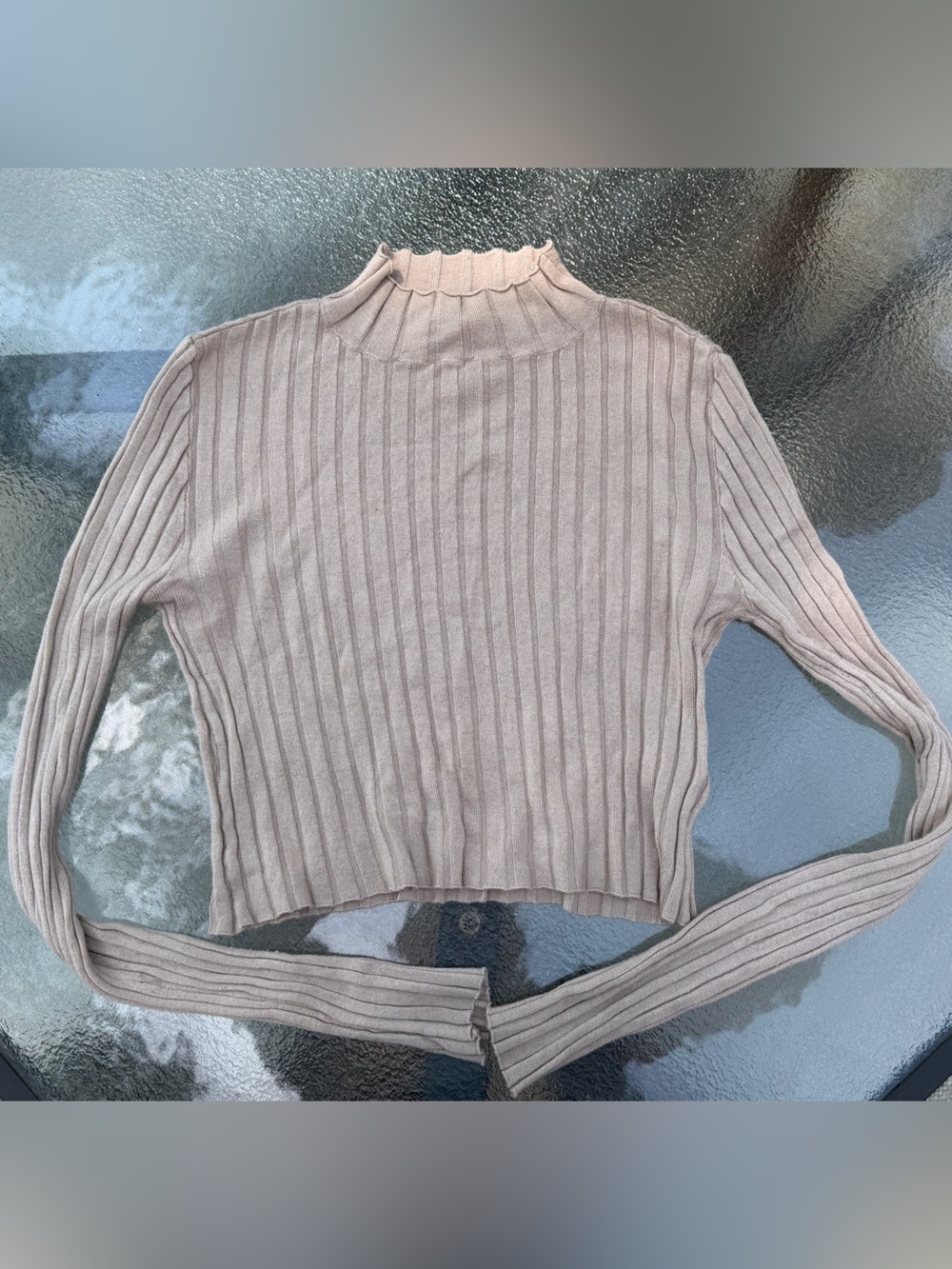 Double Zero Ribbed Mock Neck Long Sleeve Top in Light Taupe